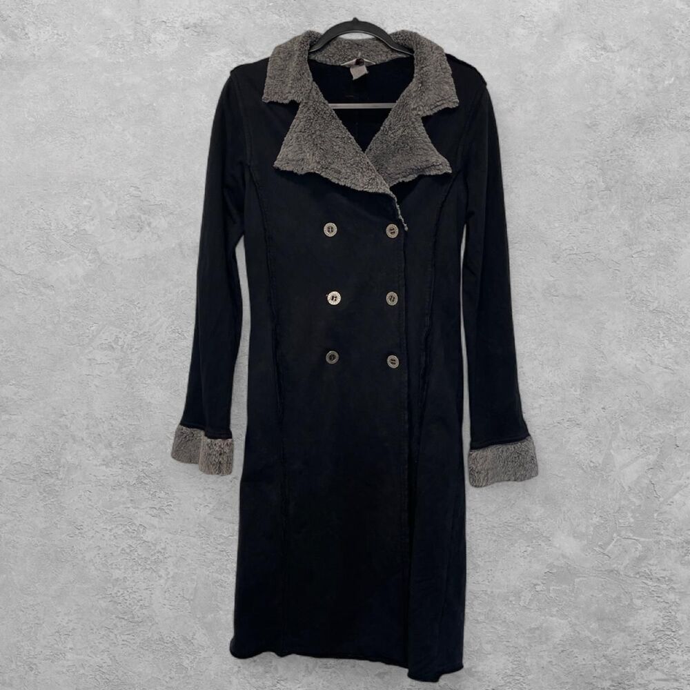Hard Tail Forever Vintage Sherpa Trim Trench Coat L Black Steampunk Whimsigoth
